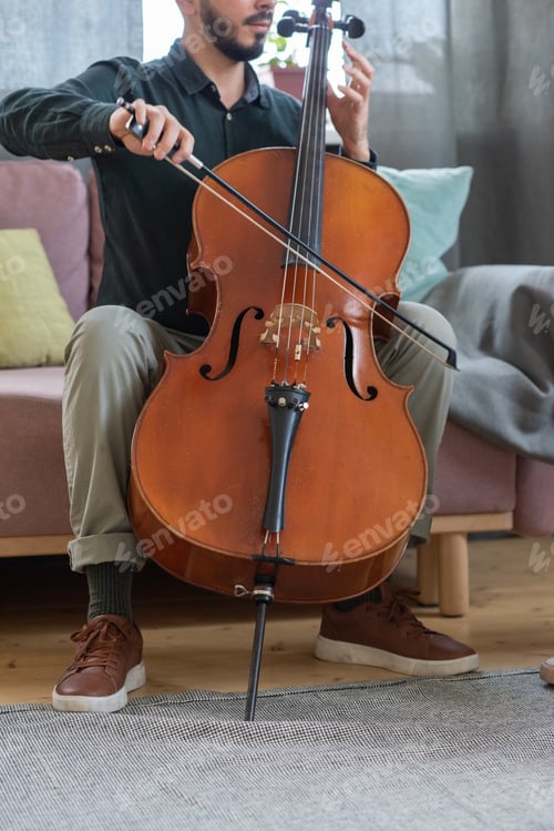 Preview: Young man in casualwear sitting on couch and playing cello