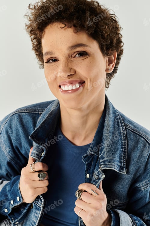 Preview: Young beautiful woman smiling confidently in denim jacket against a clean backdrop
