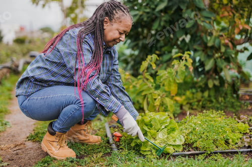 Preview: Happy senior african woman picking up fresh organic lettuce in the garden