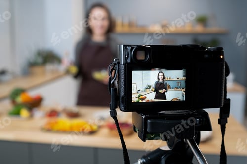 Preview: Video camera with happy young woman on screen