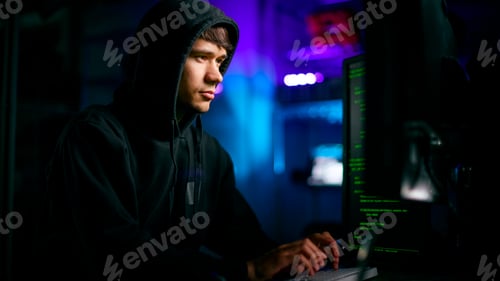Preview: Low Key Lighting Shot Of Male Computer Hacker Sitting In Front Of Screens Breaching Cyber Security