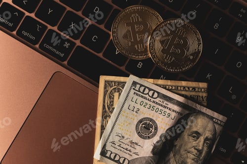 Preview: Golden coin with bitcoin symbol, money coins and dollar banknote