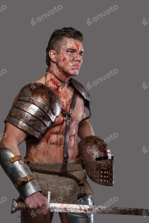 Preview: Wounded gladiator with muscular body in armour