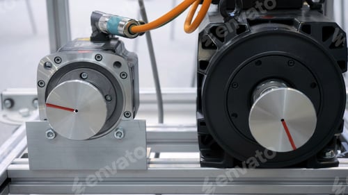Preview: Metal cylindrical parts with rotating disks with indicators. Media. Industrial background at the