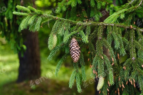 Preview: Spruce cone on a branch of a spruce tree in the forest in nature