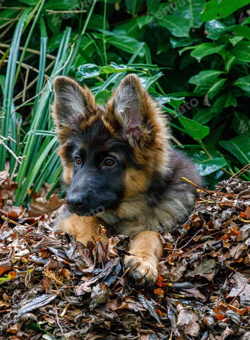 Preview: Adorable German Shepherd dog sitting on autumn leaves