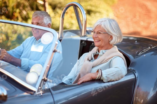 Preview: Lets hit the highway. Shot of a senior couple sitting in a vintage car while on a road trip.