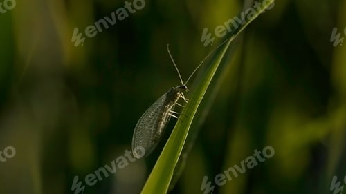 Preview: Close up of neuroptera insect on the grass in green field. Creative. Summer blurred background
