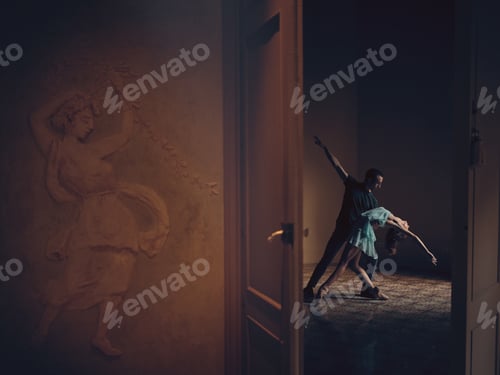 Preview: Couple of ballet artists during dance in dark room