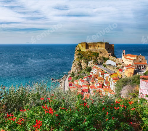Preview: Beautiful seaside town village Scilla with old medieval castle on rock Castello Ruffo