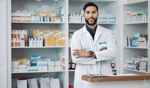 Preview: Pharmacist, man and arms crossed with medicine, portrait and confident with trust, healthcare and h