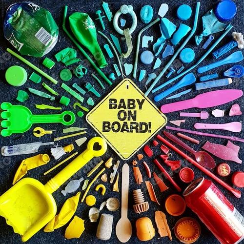 Preview: Rainbow rubbish beach art made with discarded plastic pollution collected from the beach