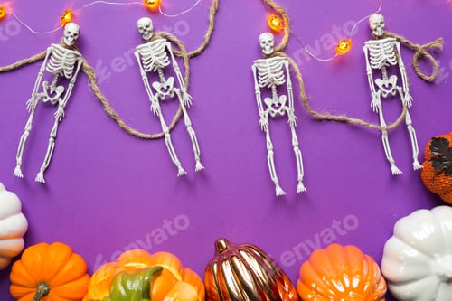 Preview: Halloween layout of garland of skeleton on a rope, glowing Jack o Lantern