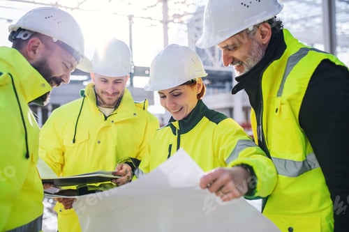 Preview: A group of engineers standing on construction site, working