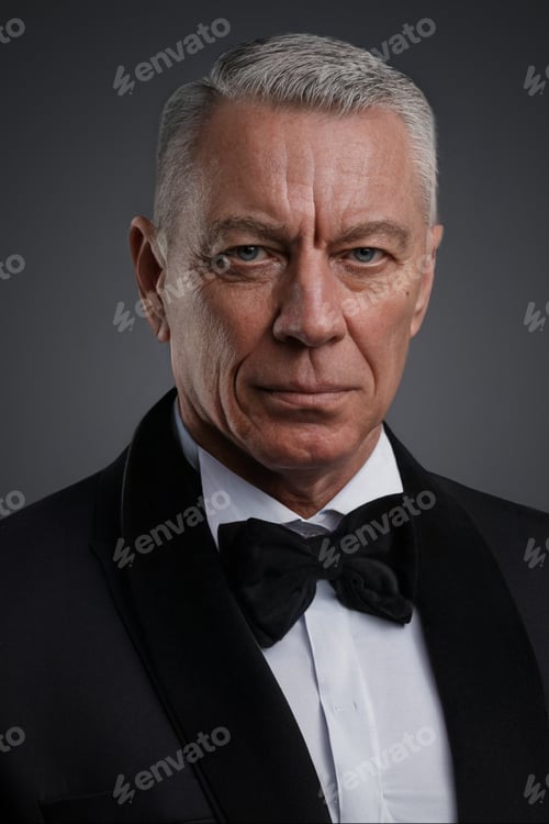 Preview: The old stylish man stands confidently in a black suit and bow tie