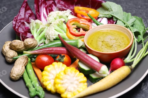 Preview: vegetable salad and bagna cauda (a garlic and anchovy sauce for dipping vegetables)