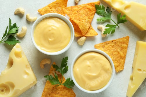 Preview: Cheese sauce and snacks on white textured table