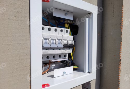 Preview: electricity distribution box with wires and circuit breakers