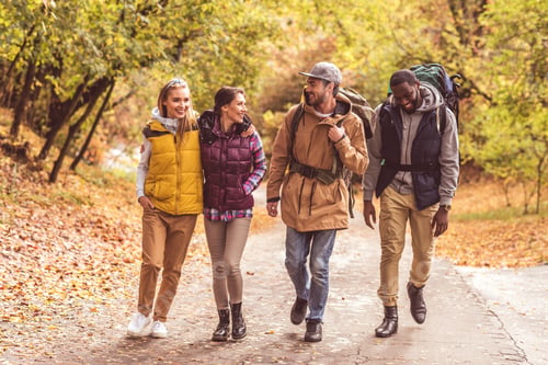 Preview: Group of happy young backpackers walking in autumn forest