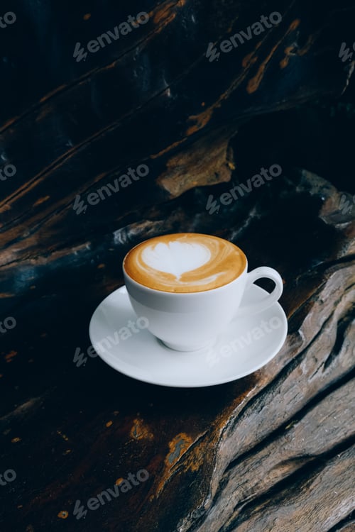 Preview: A white coffee cup against the rich textures of a rustic wooden backdrop