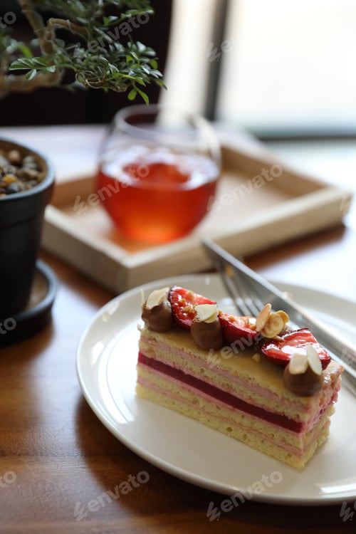 Preview: Strawberry Cake Dessert Sweet Food With Strawberry Nuts Amd Cake On Wooden Table