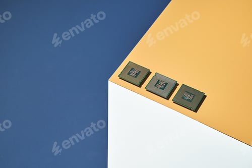 Preview: Isometry trendy cube concept. Computer cpu module. Yellow and blue. Retail shop