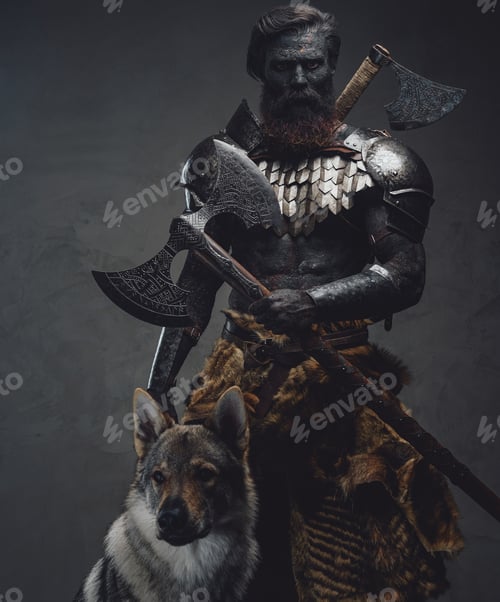 Preview: Mythical soldier with a wolf standing in dark background holding an axe