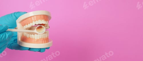 Preview: Hands is hold Orthodontic model of teeth and Dental mirror on pink background.Wear blue latex glove.