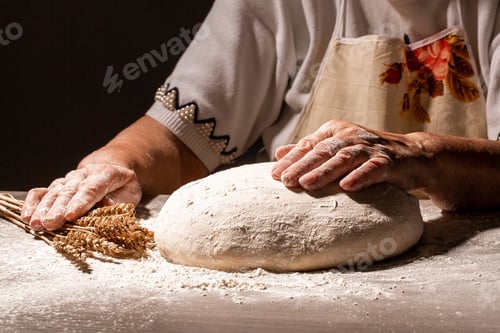 Preview: old woman, grandmother hands with flour splash. Cooking bread slams ball dough