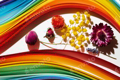 Preview: Rainbow colored paper stripes background with dry multicolor flowers