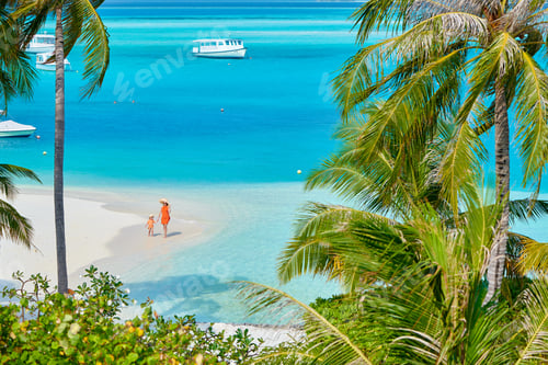 Preview: Three Year Old Toddler Boy On Beach With Mother. Summer Family Vacation At Maldives.