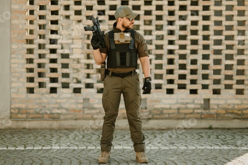 Preview: Soldier holding assault rifle and wearing tactical vest and combat pants