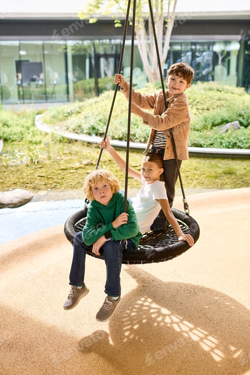 Preview: Joyful autumn moments shared by friends on a sunny swing in a peaceful garden