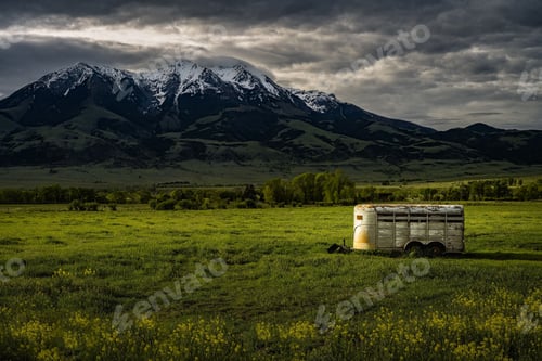 Preview: A OLD ABANDONDED HORSE TRAILER IN A LUSH FIELD WITH THE ABSAROKA MOUNTIANS AND A DARK STORMY SKY