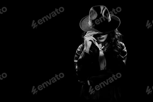 Preview: Silhouette: a female detective in a coat and hat . black and white snapshot