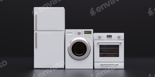 Preview: Home appliance. Fridge, cooker, washing machine. Household equipment white color