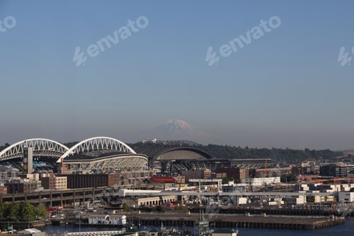 Preview: City view of Mount Rainier viewed from The Seattle Great Wheel at Pier 57 Seattle Washington.