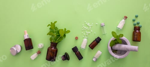 Preview: Spearmint herb and mortar and pestle on green background