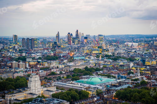 Preview: Elevated cityscape and skyline at dusk, London, England, UK