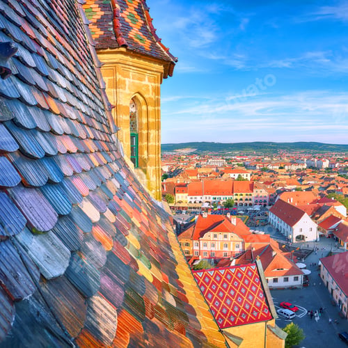 Preview: Amazing View from bell tower of St Mary Cathedral on the Old Town in Sibiu city.