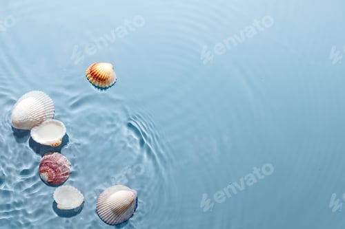 Preview: Blue sea ripple splash wave on with seashells. Chilling vacation blue background with copy space.