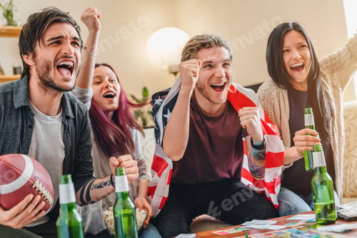 Preview: Group of friends sport fans watching rugby match and celebrating winning