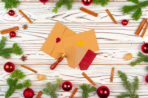 Preview: Christmas decorations on white wooden background with copy space