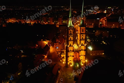 Preview: Cityscape of night Wroclaw panorama in Poland, aerial view