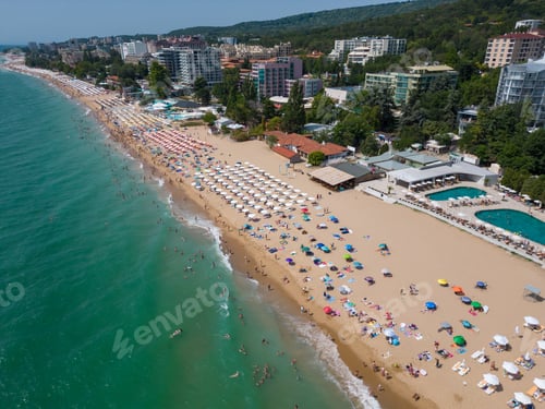 Preview: aerial view of Bulgaria's Golden Sands resort during the summer season: an array of hotels, pools