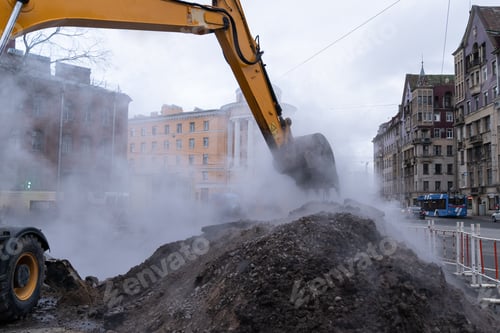 Preview: Emergency unicipal services working on liquidation of hot water pipeline accident or canalization