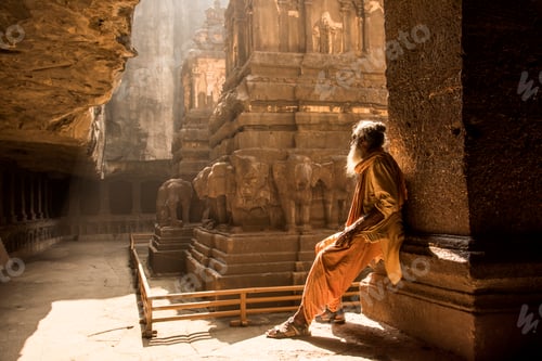 Preview: Hindu Sadhu the holy men visiting the Kailasa Temple, Ellora caves, UNESCO world heritage side.
