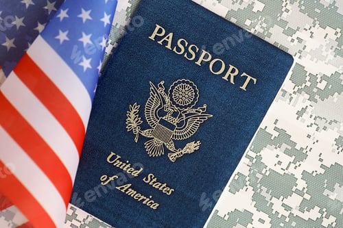 Preview: United States passport book with US flag on camouflage uniform close up