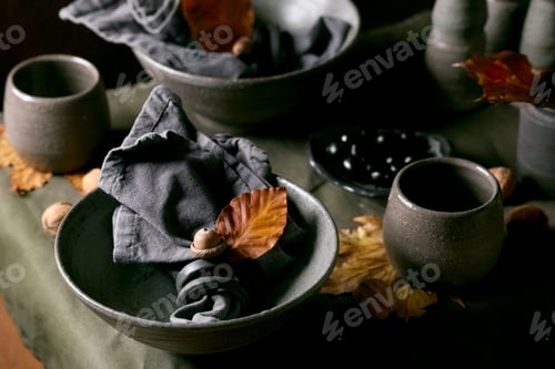 Preview: Rustic autum table setting with craft ceramic tableware