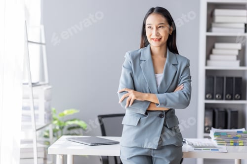 Preview: Financial Business Caucasian Young business Asian woman smiling in office Financial and Accounting c